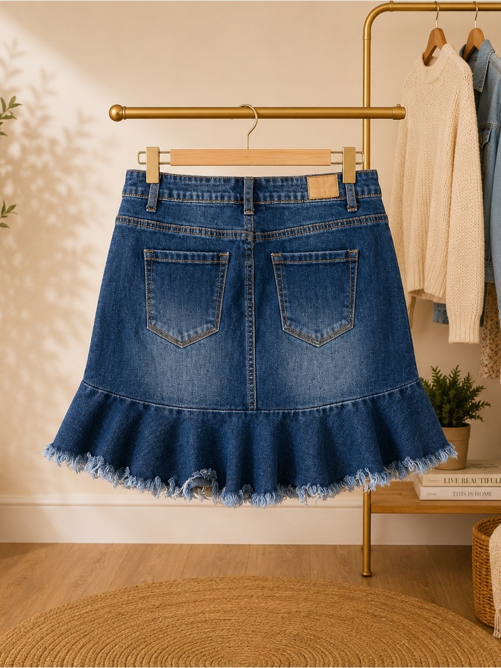 Denim Ruffle Hem Skirt - Blue - Picture 2 of 3